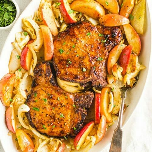Fall challenge: one pan pork chops and sausages with apples - I Bake ...